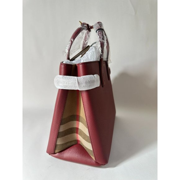 Burberry Medium Banner House Check Leather Tote Shoulder Bag Crimson - Picture 6 of 16